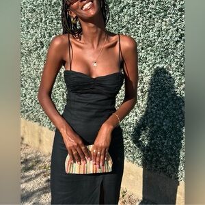 Zara Black Linen Blend Open Back Midi Dress Sz M